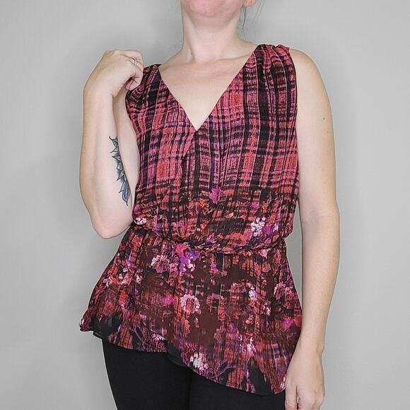 Bisou Bisou Pink Floral Plaid Peplum Blouse Top Size Small - Picture 2 of 9
